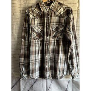 BKE Pearl‎ Snap Shirt Mens M Gray Brown Athletic Fit Plaid Long Sleeve Western